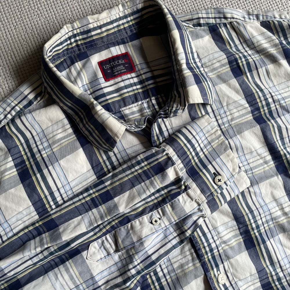 UNTUCKit Mens XL Plaid Shirt Blue White 100% Cotton Long Sleeve